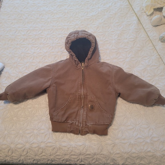 Carhartt Jacket Boys 4T Brown Canvas Workwear Hooded Full Zip Pre-owned - Picture 1 of 13